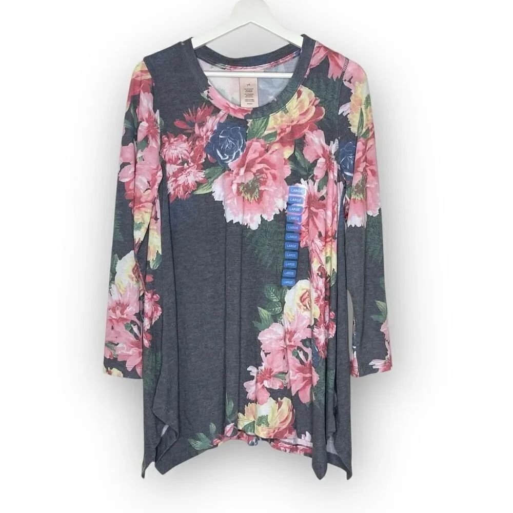 Philosophy Tunic Gray Floral Botanical Asymmetrical Blouse Top Womens Size Large